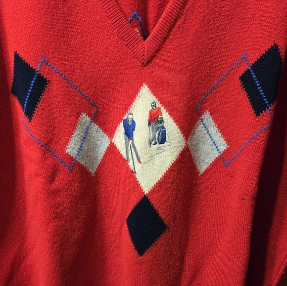 Clan Royal Lambs Wool Preppy Embroidered Golf Design V-Neck Sweater - Picture 4 of 13